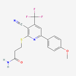molecular formula C17H14F3N3O2S B2850826 3-((3-Cyano-6-(4-methoxyphenyl)-4-(trifluoromethyl)pyridin-2-yl)thio)propanamide CAS No. 905773-04-8