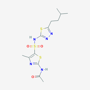 molecular formula C13H19N5O3S3 B2850832 N-[4-Methyl-5-[[5-(3-methylbutyl)-1,3,4-thiadiazol-2-yl]sulfamoyl]-1,3-thiazol-2-yl]acetamide CAS No. 2490407-07-1