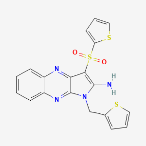 molecular formula C19H14N4O2S3 B2850916 1-[(thiophen-2-yl)methyl]-3-(thiophene-2-sulfonyl)-1H-pyrrolo[2,3-b]quinoxalin-2-amine CAS No. 848766-40-5