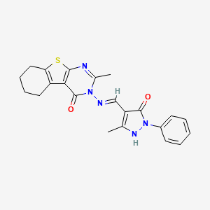 molecular formula C22H21N5O2S B2850920 3-{[(E)-(5-hydroxy-3-methyl-1-phenyl-1H-pyrazol-4-yl)methylidene]amino}-2-methyl-5,6,7,8-tetrahydro[1]benzothieno[2,3-d]pyrimidin-4(3H)-one CAS No. 304684-58-0