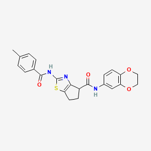 molecular formula C23H21N3O4S B2851131 N-(2,3-dihydrobenzo[b][1,4]dioxin-6-yl)-2-(4-methylbenzamido)-5,6-dihydro-4H-cyclopenta[d]thiazole-4-carboxamide CAS No. 941880-20-2