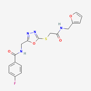 molecular formula C17H15FN4O4S B2851253 4-fluoro-N-({5-[({[(furan-2-yl)methyl]carbamoyl}methyl)sulfanyl]-1,3,4-oxadiazol-2-yl}methyl)benzamide CAS No. 872614-04-5