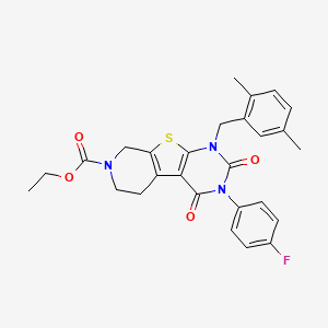 molecular formula C27H26FN3O4S B2851296 ethyl 6-[(2,5-dimethylphenyl)methyl]-4-(4-fluorophenyl)-3,5-dioxo-8-thia-4,6,11-triazatricyclo[7.4.0.02,7]trideca-1(9),2(7)-diene-11-carboxylate CAS No. 866344-39-0
