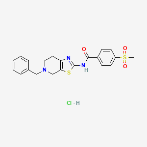 molecular formula C21H22ClN3O3S2 B2851302 N-(5-benzyl-4,5,6,7-tetrahydrothiazolo[5,4-c]pyridin-2-yl)-4-(methylsulfonyl)benzamide hydrochloride CAS No. 1189441-46-0