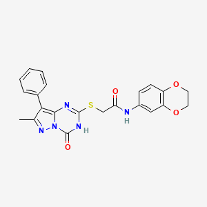 molecular formula C22H19N5O4S B2851316 N-(2,3-dihydro-1,4-benzodioxin-6-yl)-2-({7-methyl-4-oxo-8-phenyl-3H,4H-pyrazolo[1,5-a][1,3,5]triazin-2-yl}sulfanyl)acetamide CAS No. 946323-07-5