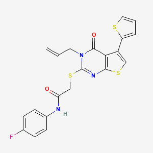 molecular formula C21H16FN3O2S3 B2851322 N-(4-fluorophenyl)-2-{[4-oxo-3-(prop-2-en-1-yl)-5-(thiophen-2-yl)-3H,4H-thieno[2,3-d]pyrimidin-2-yl]sulfanyl}acetamide CAS No. 379239-19-7