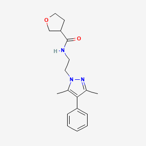 molecular formula C18H23N3O2 B2851336 N-[2-(3,5-dimethyl-4-phenyl-1H-pyrazol-1-yl)ethyl]oxolane-3-carboxamide CAS No. 2034327-58-5
