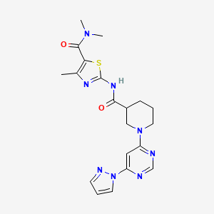molecular formula C20H24N8O2S B2851364 2-(1-(6-(1H-pyrazol-1-yl)pyrimidin-4-yl)piperidine-3-carboxamido)-N,N,4-trimethylthiazole-5-carboxamide CAS No. 1351658-91-7