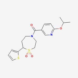 molecular formula C18H22N2O4S2 B2851419 (1,1-Dioxido-7-(thiophen-2-yl)-1,4-thiazepan-4-yl)(6-isopropoxypyridin-3-yl)methanone CAS No. 2034307-54-3