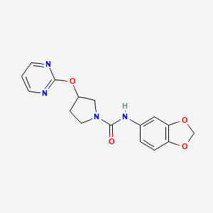 molecular formula C16H16N4O4 B2851473 N-(2H-1,3-benzodioxol-5-yl)-3-(pyrimidin-2-yloxy)pyrrolidine-1-carboxamide CAS No. 2034434-14-3