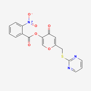 molecular formula C17H11N3O6S B2851551 4-oxo-6-[(pyrimidin-2-ylsulfanyl)methyl]-4H-pyran-3-yl 2-nitrobenzoate CAS No. 877636-36-7