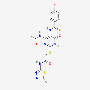 molecular formula C18H16FN7O4S2 B2851610 N-(4-acetamido-2-((2-((5-methyl-1,3,4-thiadiazol-2-yl)amino)-2-oxoethyl)thio)-6-oxo-1,6-dihydropyrimidin-5-yl)-4-fluorobenzamide CAS No. 872608-85-0