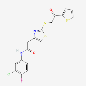 molecular formula C17H12ClFN2O2S3 B2851649 N-(3-chloro-4-fluorophenyl)-2-(2-((2-oxo-2-(thiophen-2-yl)ethyl)thio)thiazol-4-yl)acetamide CAS No. 1021052-56-1
