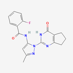 molecular formula C18H16FN5O2 B2851697 2-fluoro-N-(3-methyl-1-(4-oxo-4,5,6,7-tetrahydro-3H-cyclopenta[d]pyrimidin-2-yl)-1H-pyrazol-5-yl)benzamide CAS No. 1003799-60-7