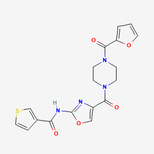 molecular formula C18H16N4O5S B2851708 N-(4-(4-(呋喃-2-甲酰基)哌嗪-1-甲酰基)恶唑-2-基)噻吩-3-甲酰胺 CAS No. 1351612-20-8