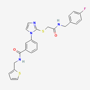 molecular formula C24H21FN4O2S2 B2851723 3-{2-[({[(4-fluorophenyl)methyl]carbamoyl}methyl)sulfanyl]-1H-imidazol-1-yl}-N-[(thiophen-2-yl)methyl]benzamide CAS No. 1115440-08-8
