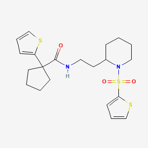 molecular formula C21H28N2O3S3 B2851733 1-(thiophen-2-yl)-N-(2-(1-(thiophen-2-ylsulfonyl)piperidin-2-yl)ethyl)cyclopentanecarboxamide CAS No. 1211259-74-3