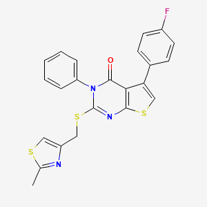 molecular formula C23H16FN3OS3 B2851738 5-(4-fluorophenyl)-2-{[(2-methyl-1,3-thiazol-4-yl)methyl]sulfanyl}-3-phenyl-3H,4H-thieno[2,3-d]pyrimidin-4-one CAS No. 690645-19-3