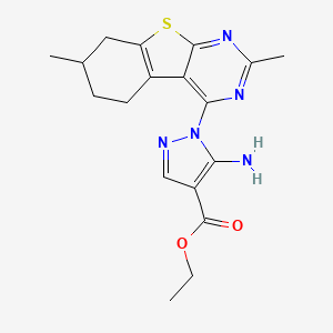 molecular formula C18H21N5O2S B2851739 ethyl 5-amino-1-{5,11-dimethyl-8-thia-4,6-diazatricyclo[7.4.0.0^{2,7}]trideca-1(9),2(7),3,5-tetraen-3-yl}-1H-pyrazole-4-carboxylate CAS No. 896355-94-5