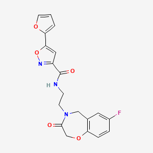 molecular formula C19H16FN3O5 B2851839 N-(2-(7-fluoro-3-oxo-2,3-dihydrobenzo[f][1,4]oxazepin-4(5H)-yl)ethyl)-5-(furan-2-yl)isoxazole-3-carboxamide CAS No. 1903517-06-5