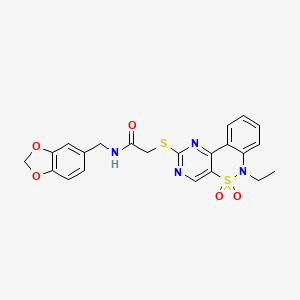 molecular formula C22H20N4O5S2 B2851920 N-[(2H-1,3-benzodioxol-5-yl)methyl]-2-({9-ethyl-8,8-dioxo-8lambda6-thia-3,5,9-triazatricyclo[8.4.0.0^{2,7}]tetradeca-1(14),2(7),3,5,10,12-hexaen-4-yl}sulfanyl)acetamide CAS No. 951478-92-5