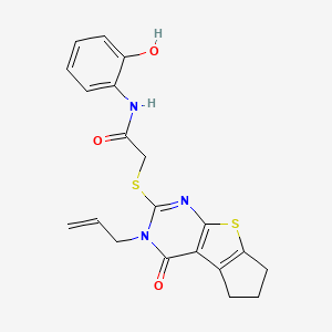 molecular formula C20H19N3O3S2 B2851952 2-((3-allyl-4-oxo-4,5,6,7-tetrahydro-3H-cyclopenta[4,5]thieno[2,3-d]pyrimidin-2-yl)thio)-N-(2-hydroxyphenyl)acetamide CAS No. 878697-98-4