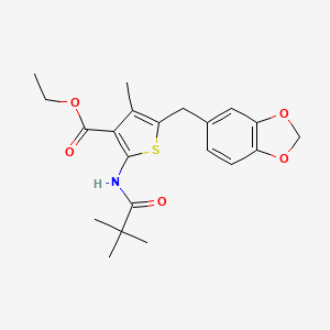 molecular formula C21H25NO5S B2852206 Ethyl 5-(benzo[d][1,3]dioxol-5-ylmethyl)-4-methyl-2-pivalamidothiophene-3-carboxylate CAS No. 476365-82-9
