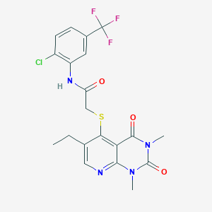 molecular formula C20H18ClF3N4O3S B2852225 N-(2-chloro-5-(trifluoromethyl)phenyl)-2-((6-ethyl-1,3-dimethyl-2,4-dioxo-1,2,3,4-tetrahydropyrido[2,3-d]pyrimidin-5-yl)thio)acetamide CAS No. 942002-32-6