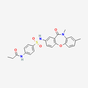 molecular formula C24H23N3O5S B2852267 N-[4-({6,9-dimethyl-10-oxo-2-oxa-9-azatricyclo[9.4.0.0^{3,8}]pentadeca-1(11),3(8),4,6,12,14-hexaen-13-yl}sulfamoyl)phenyl]propanamide CAS No. 921899-19-6
