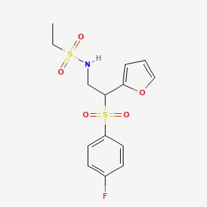 molecular formula C14H16FNO5S2 B2852376 N-(2-((4-fluorophenyl)sulfonyl)-2-(furan-2-yl)ethyl)ethanesulfonamide CAS No. 896327-46-1