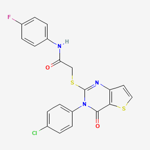 molecular formula C20H13ClFN3O2S2 B2852378 2-{[3-(4-chlorophenyl)-4-oxo-3,4-dihydrothieno[3,2-d]pyrimidin-2-yl]sulfanyl}-N-(4-fluorophenyl)acetamide CAS No. 1260985-86-1