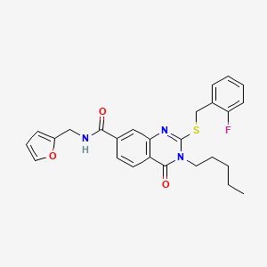 molecular formula C26H26FN3O3S B2852380 2-[(2-fluorophenyl)methylsulfanyl]-N-(furan-2-ylmethyl)-4-oxo-3-pentylquinazoline-7-carboxamide CAS No. 422531-09-7