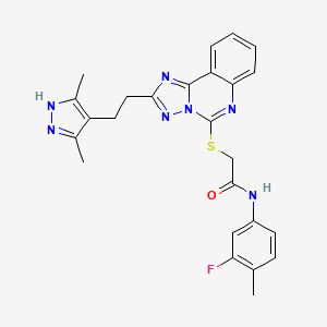 molecular formula C25H24FN7OS B2852386 2-[[2-[2-(3,5-dimethyl-1H-pyrazol-4-yl)ethyl]-[1,2,4]triazolo[1,5-c]quinazolin-5-yl]sulfanyl]-N-(3-fluoro-4-methylphenyl)acetamide CAS No. 896700-19-9