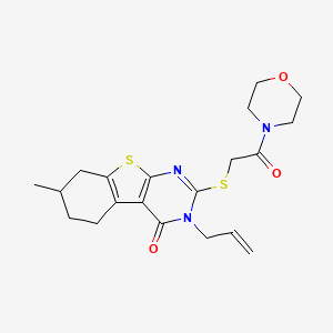 molecular formula C20H25N3O3S2 B2852395 7-Methyl-2-(2-morpholin-4-yl-2-oxoethyl)sulfanyl-3-prop-2-enyl-5,6,7,8-tetrahydro-[1]benzothiolo[2,3-d]pyrimidin-4-one CAS No. 496026-33-6