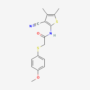 molecular formula C16H16N2O2S2 B2852398 N-(3-cyano-4,5-dimethylthiophen-2-yl)-2-((4-methoxyphenyl)thio)acetamide CAS No. 941907-77-3