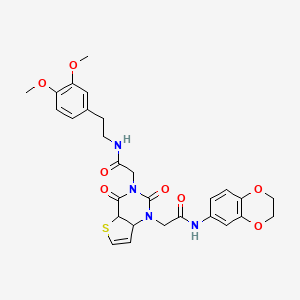 molecular formula C28H28N4O8S B2852542 2-(1-{[(2,3-dihydro-1,4-benzodioxin-6-yl)carbamoyl]methyl}-2,4-dioxo-1H,2H,3H,4H-thieno[3,2-d]pyrimidin-3-yl)-N-[2-(3,4-dimethoxyphenyl)ethyl]acetamide CAS No. 912885-44-0