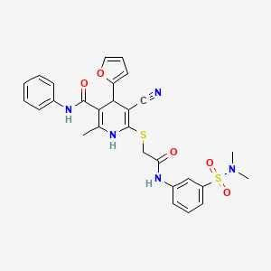 molecular formula C28H27N5O5S2 B2852884 5-cyano-6-((2-((3-(N,N-dimethylsulfamoyl)phenyl)amino)-2-oxoethyl)thio)-4-(furan-2-yl)-2-methyl-N-phenyl-1,4-dihydropyridine-3-carboxamide CAS No. 380461-50-7