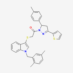 molecular formula C33H31N3OS2 B2852903 2-[1-[(2,5-Dimethylphenyl)methyl]indol-3-yl]sulfanyl-1-[3-(4-methylphenyl)-5-thiophen-2-yl-3,4-dihydropyrazol-2-yl]ethanone CAS No. 681279-82-3