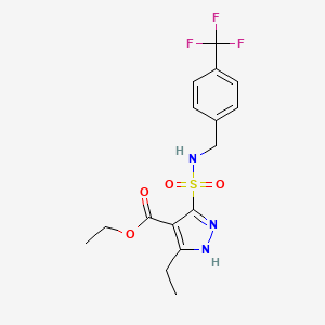 molecular formula C16H18F3N3O4S B2852916 ethyl 3-ethyl-5-({[4-(trifluoromethyl)benzyl]amino}sulfonyl)-1H-pyrazole-4-carboxylate CAS No. 1239251-03-6