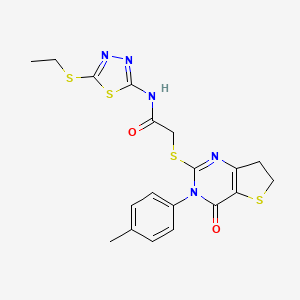 molecular formula C19H19N5O2S4 B2853106 N-(5-(ethylthio)-1,3,4-thiadiazol-2-yl)-2-((4-oxo-3-(p-tolyl)-3,4,6,7-tetrahydrothieno[3,2-d]pyrimidin-2-yl)thio)acetamide CAS No. 686771-28-8