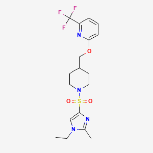 molecular formula C18H23F3N4O3S B2853142 2-({1-[(1-ethyl-2-methyl-1H-imidazol-4-yl)sulfonyl]piperidin-4-yl}methoxy)-6-(trifluoromethyl)pyridine CAS No. 2320469-02-9