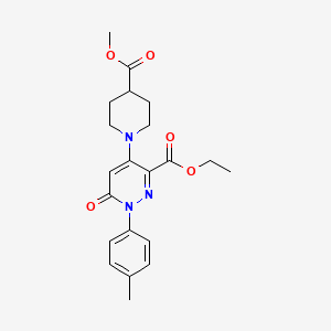 molecular formula C21H25N3O5 B2853217 Ethyl 4-(4-(methoxycarbonyl)piperidin-1-yl)-6-oxo-1-(p-tolyl)-1,6-dihydropyridazine-3-carboxylate CAS No. 921989-58-4