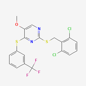 molecular formula C19H13Cl2F3N2OS2 B2853255 2-[(2,6-Dichlorobenzyl)sulfanyl]-5-methoxy-4-{[3-(trifluoromethyl)phenyl]sulfanyl}pyrimidine CAS No. 338955-94-5