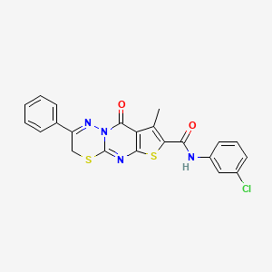 molecular formula C22H15ClN4O2S2 B2853363 N-(3-chlorophenyl)-4-methyl-2-oxo-12-phenyl-6,10-dithia-1,8,13-triazatricyclo[7.4.0.03,7]trideca-3(7),4,8,12-tetraene-5-carboxamide CAS No. 866842-53-7