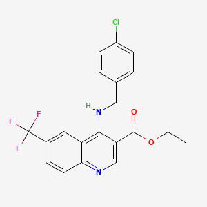 molecular formula C20H16ClF3N2O2 B2853366 Ethyl 4-((4-chlorobenzyl)amino)-6-(trifluoromethyl)-3-quinolinecarboxylate CAS No. 338748-31-5