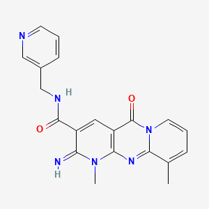 molecular formula C20H18N6O2 B2853506 2-imino-1,10-dimethyl-5-oxo-N-(pyridin-3-ylmethyl)-2,5-dihydro-1H-dipyrido[1,2-a:2',3'-d]pyrimidine-3-carboxamide CAS No. 573936-35-3