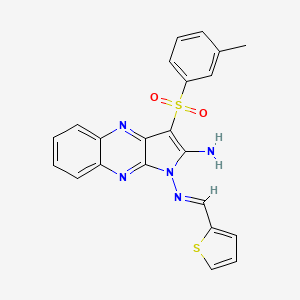molecular formula C22H17N5O2S2 B2853515 (E)-N1-(thiophen-2-ylmethylene)-3-(m-tolylsulfonyl)-1H-pyrrolo[2,3-b]quinoxaline-1,2-diamine CAS No. 844455-01-2