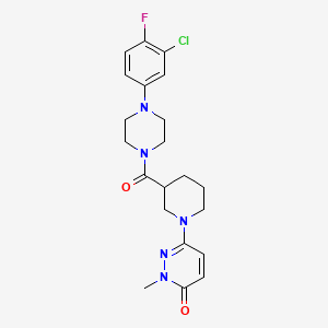 molecular formula C21H25ClFN5O2 B2853620 6-(3-(4-(3-chloro-4-fluorophenyl)piperazine-1-carbonyl)piperidin-1-yl)-2-methylpyridazin-3(2H)-one CAS No. 1396866-89-9
