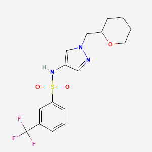 molecular formula C16H18F3N3O3S B2853625 N-{1-[(oxan-2-yl)methyl]-1H-pyrazol-4-yl}-3-(trifluoromethyl)benzene-1-sulfonamide CAS No. 2034374-82-6