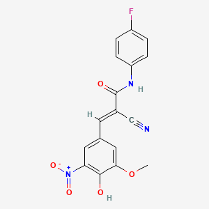 molecular formula C17H12FN3O5 B2853679 (E)-2-cyano-N-(4-fluorophenyl)-3-(4-hydroxy-3-methoxy-5-nitrophenyl)prop-2-enamide CAS No. 392311-70-5